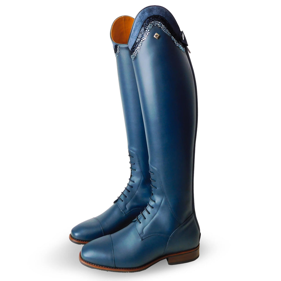 De Niro S2602 Oceano Blue Riding Boots with Piccolo Top in Glitter, Vanita & Denim Crystals
