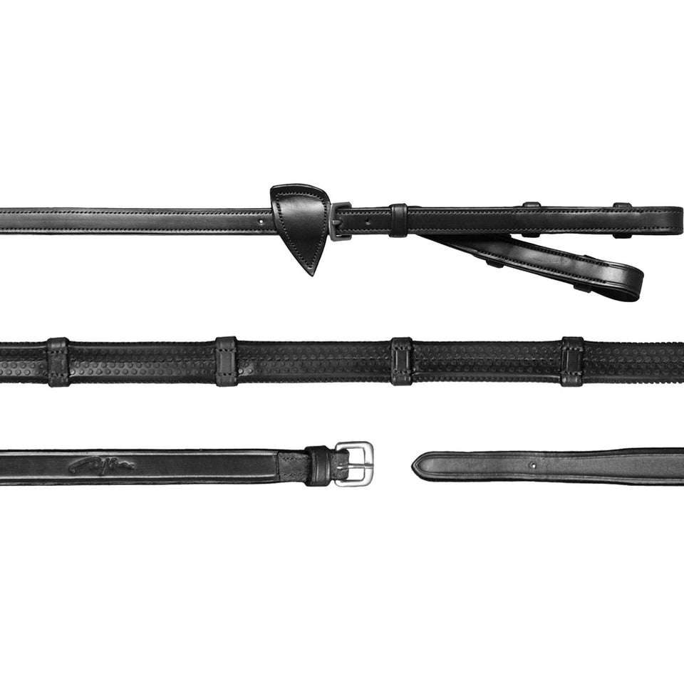 Dy'on New English Converter 1/2in Rubber Reins with 7 Leather Loops - Black