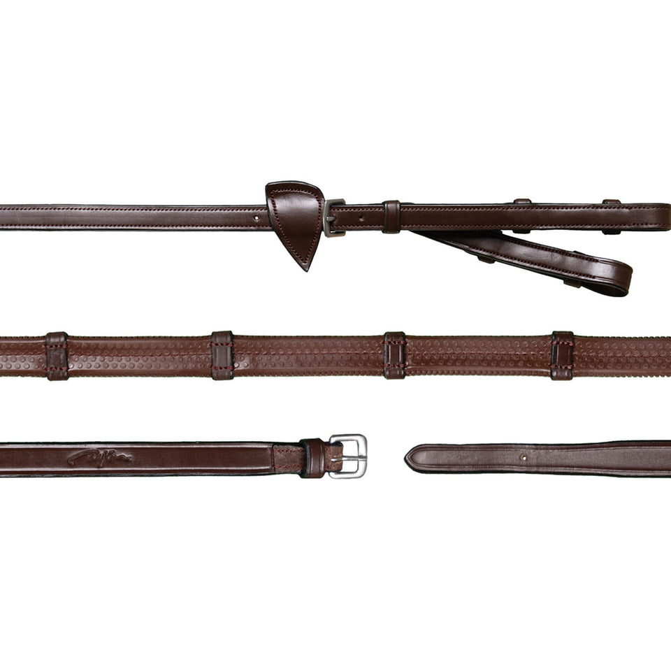 Dy'on New English Converter 1/2in Rubber Reins with 7 Leather Loops - Brown