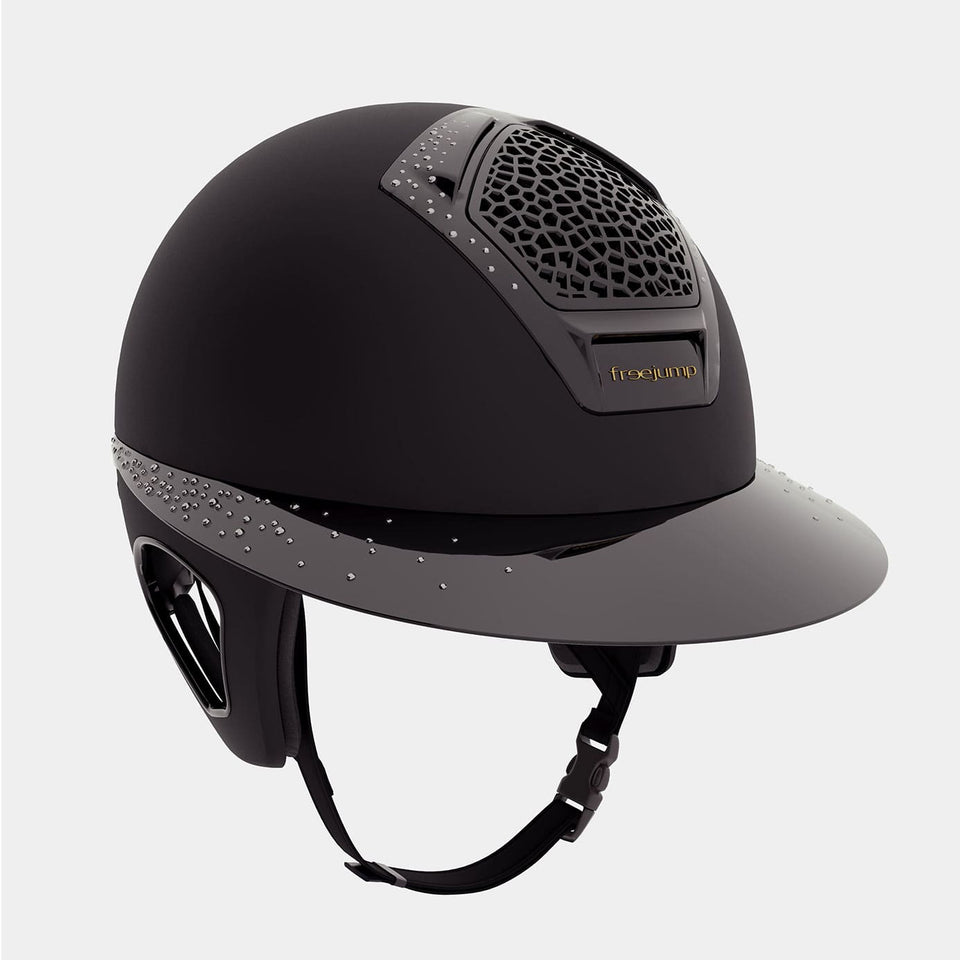 Freejump Voronoï Riding Hat with Temple Protection - Black Matte/Gloss Trim/Silver Crystals