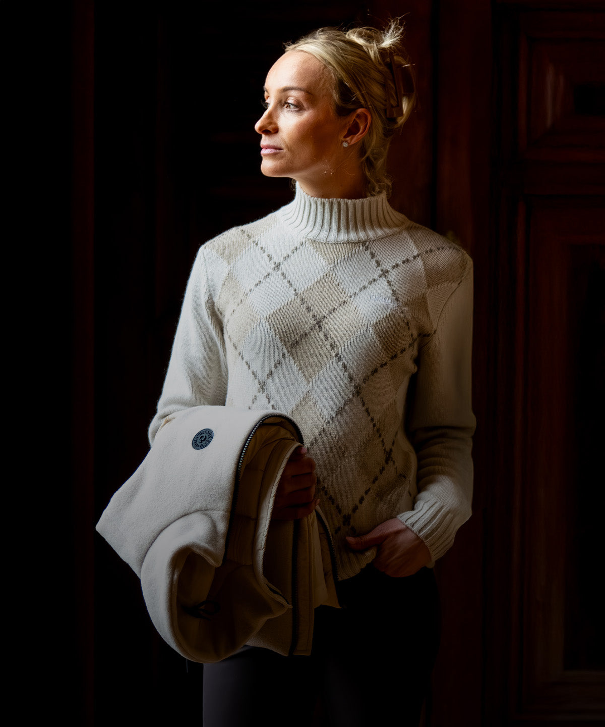 Woman WearingCavalleria Toscana Pure Wool Turtleneck Sweater - Rombi/Rainy Day