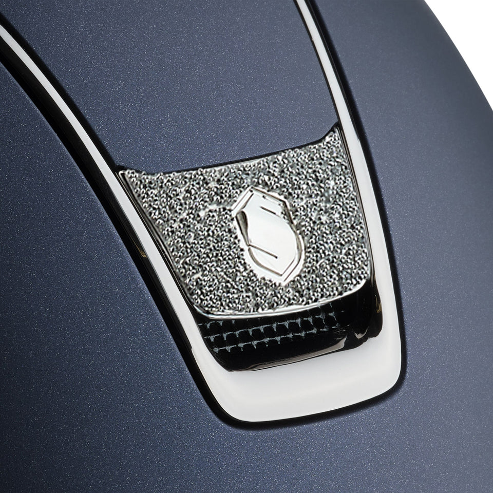 Samshield V2 Miss Shield Navy Shadowmatt Hat with Silver Crystal Fabric Blazon